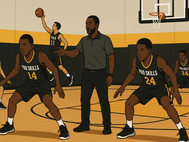 Youth basketball players doing layups and defensive slides during a pre-game warm-up with coach giving instructions